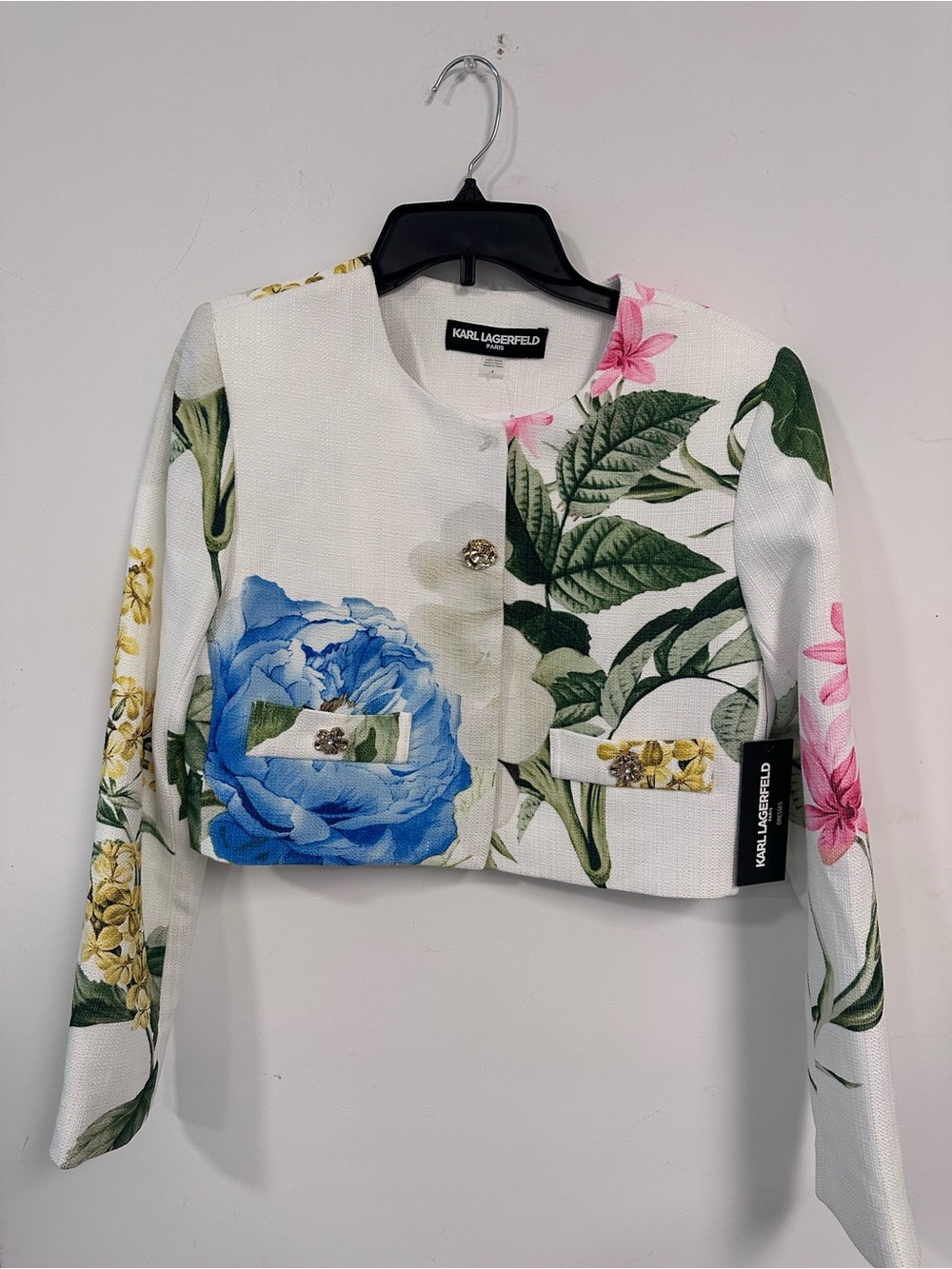 Karl Lagerfeld White Floral Cropped Blazer with Blue & Pink Florals - Picture 2 of 4